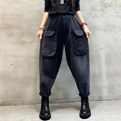 Women's Spring Washed Plaid Striped Harem Pants Fashionable Personality Pocket Patchwork Versatile Slimming Long Pants
