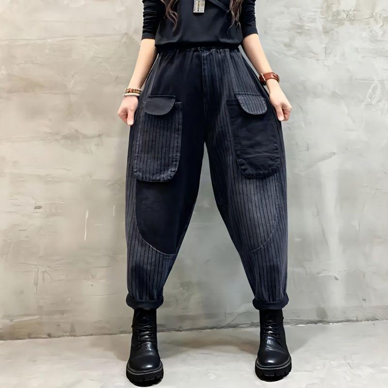 

Women s Spring Washed Plaid Striped Harem Pants Fashionable Personality Pocket Patchwork Versatile Slimming Long Pants M