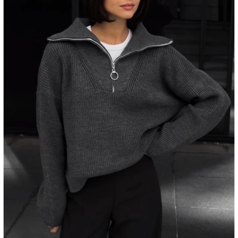 New Retro Long-sleeved Top Loose Design Lapel Zipper Pullover Knitted Sweater