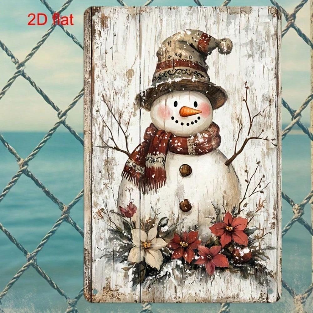 Vintage Snowman Floral Metal Sign 7.9x11.8in, 2D Tin Plaque, Durable Pre-Drilled Wall Decor for Garden/Office