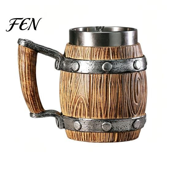 Rustikaler Holzmaserung Bierbecher Fasskrug, 600ml Edelstahl-Einsatz Stein, Isolierter Becher Krug für Kneipe Heimbar Party Geschenk Trinken