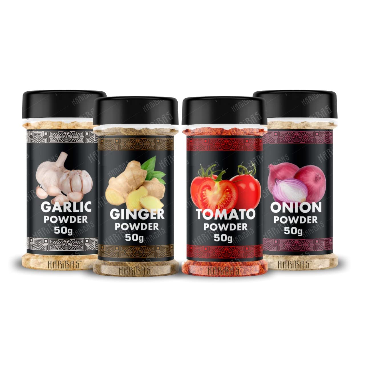 

HARIBAS Combo Dry Onion Powder, Garlic Powder, Ginger Powder (Adrak/Sunth) and Tomato Powder 50gm Each | For Cooking & Baking | Gluten Free Seaso