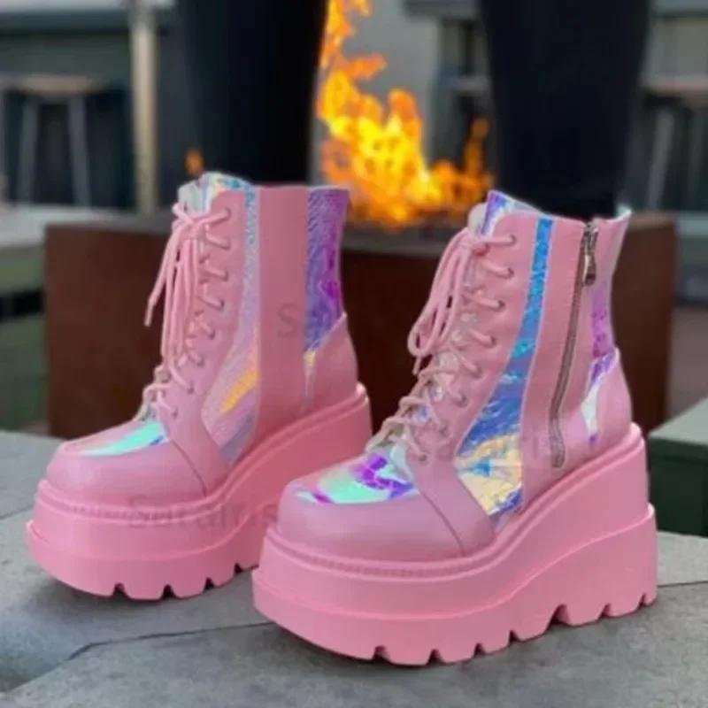 Platform Ankle Boots for Women Designer Goth Punk Cool Motorcycle Shoe Side Zipper Lace Up Ladies High-Top Cowboy Botas Size 43