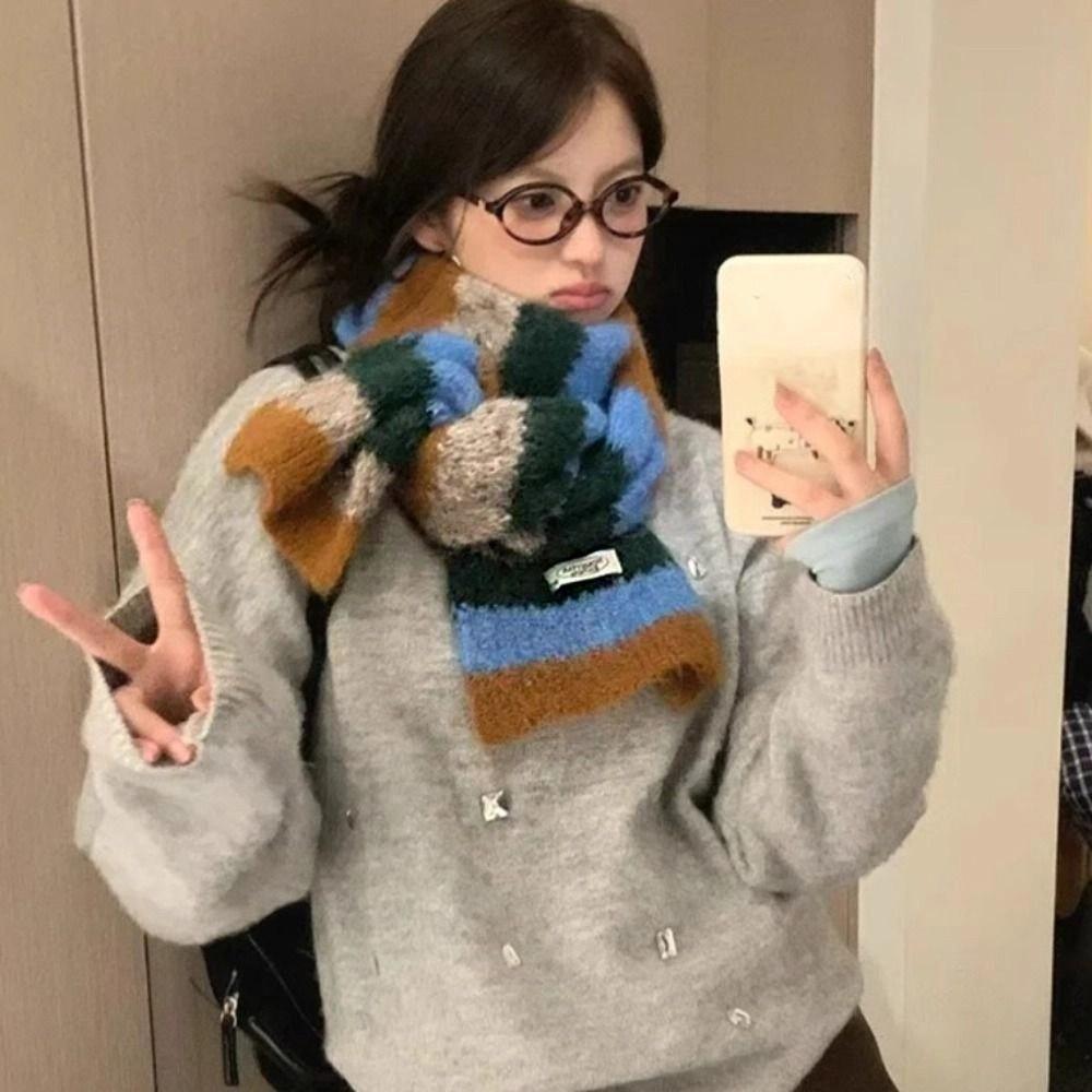 Long Plaid Wool Scarf Preppy Style Winter Cashmere Scarves Simple Stripe Scarf Student