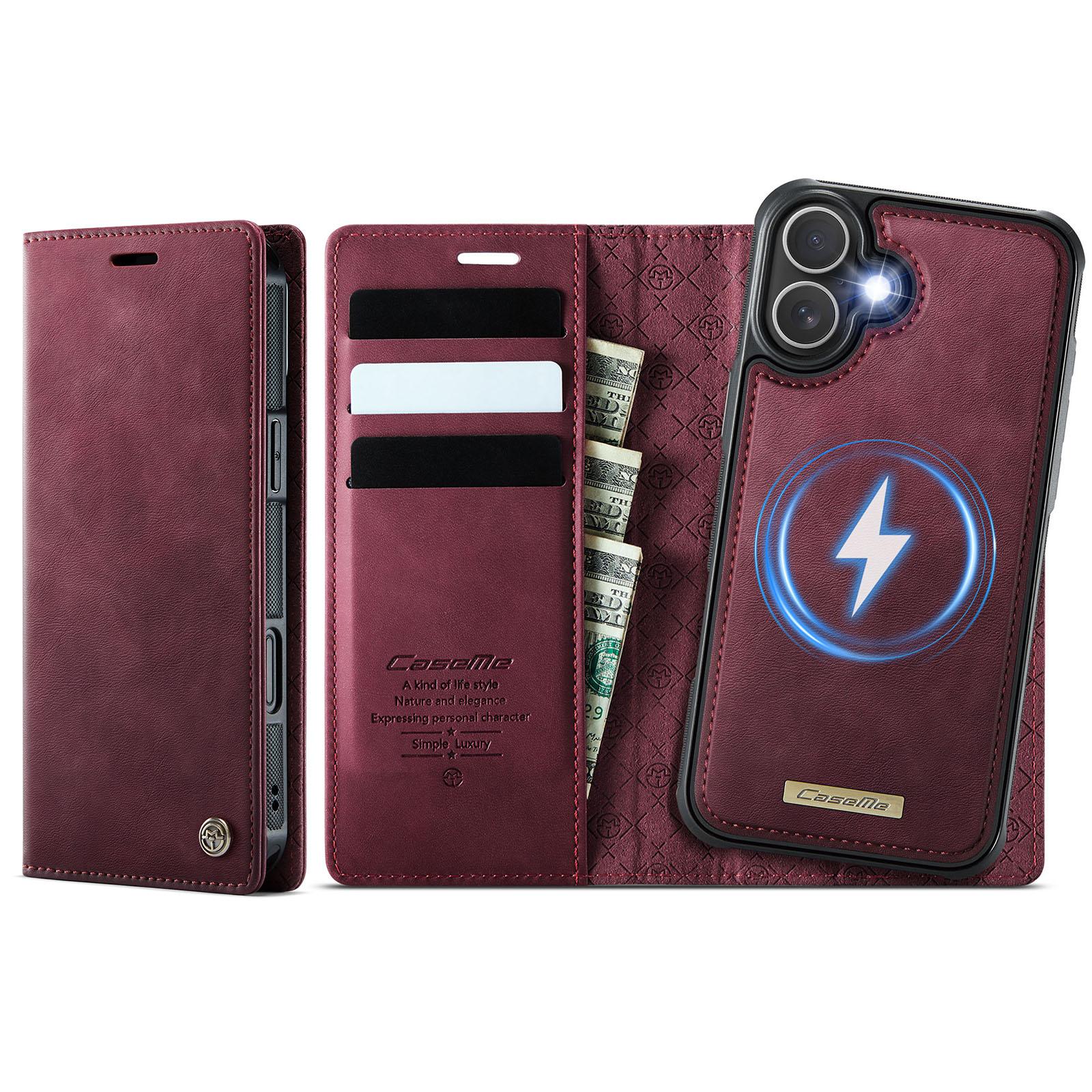 

For iPhone 16 Case CASEME C49 Compatible with MagSafe RFID Blocking Detachable Wallet Leather Phone Cover Red