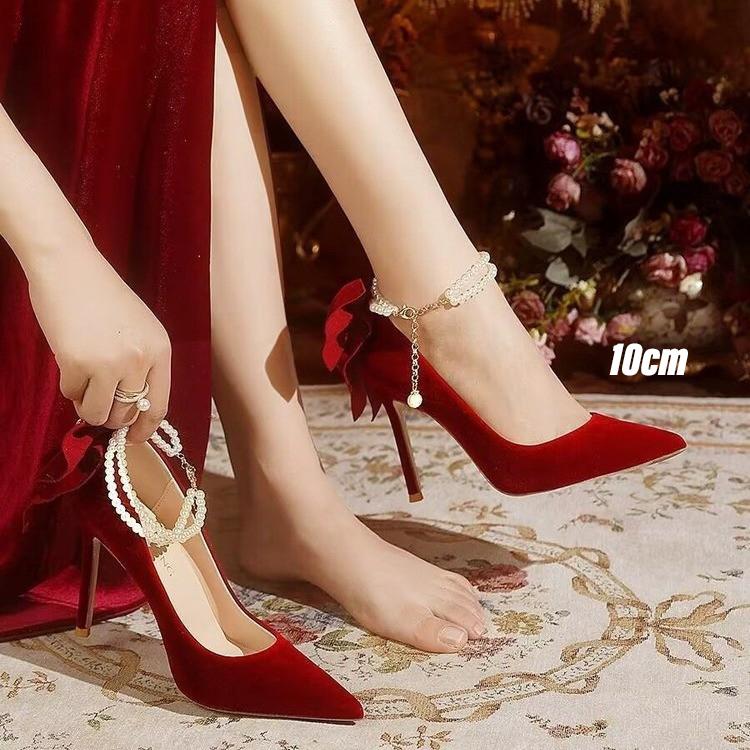

Красные свадебные туфли с острым носком, на тонком каблуке, весна-осень, с бантами, с жемчужными ремешками, свадебные 38EU/CN39
