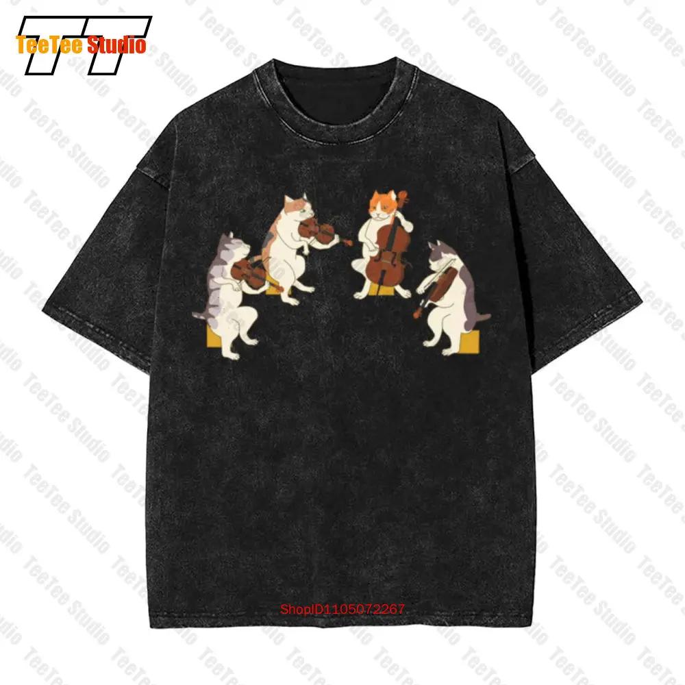 Fun Cats Playing Violin Cello Vintage Oversized TShirt Music Cat Lover KR S