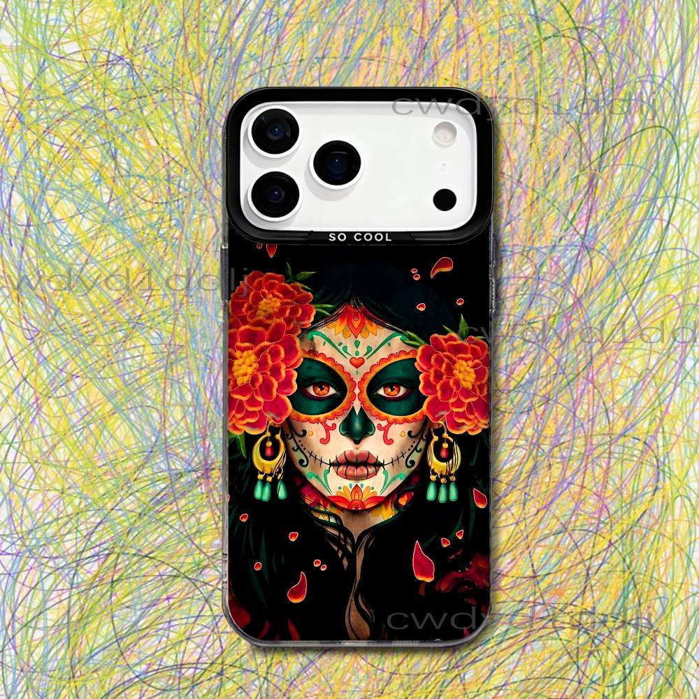 

Mexican Catrina Skull Girls For iPhone 17,16,15,14,13,12,X,8,Pro,Max,Plus,SE4,Air,Mini Black IMD Matte Case iPhone14Pro