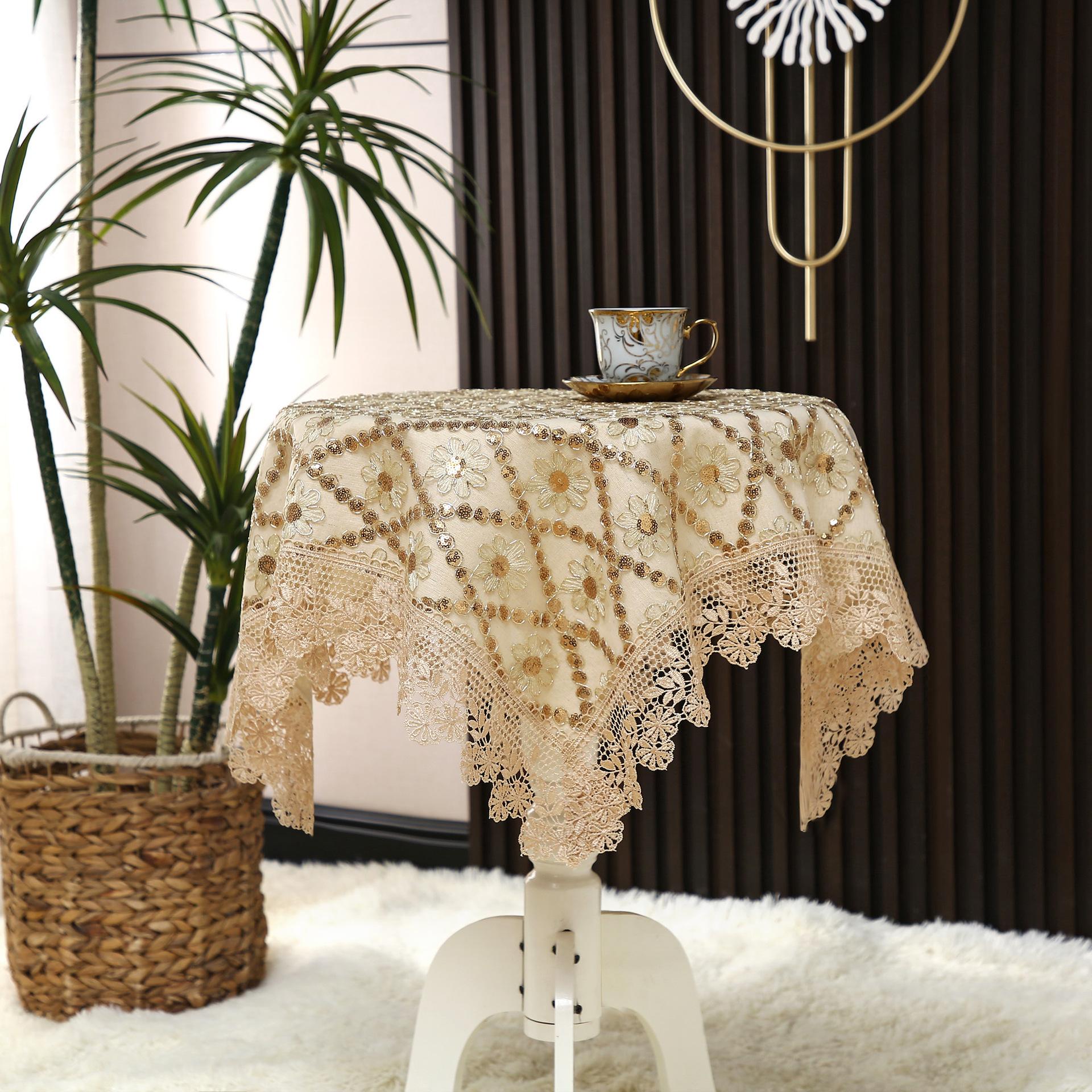 

New European Lux Embroidered Tablecloth Sequined High-Density Flower Polyester Cotton Decorative Tablecloth 60*60