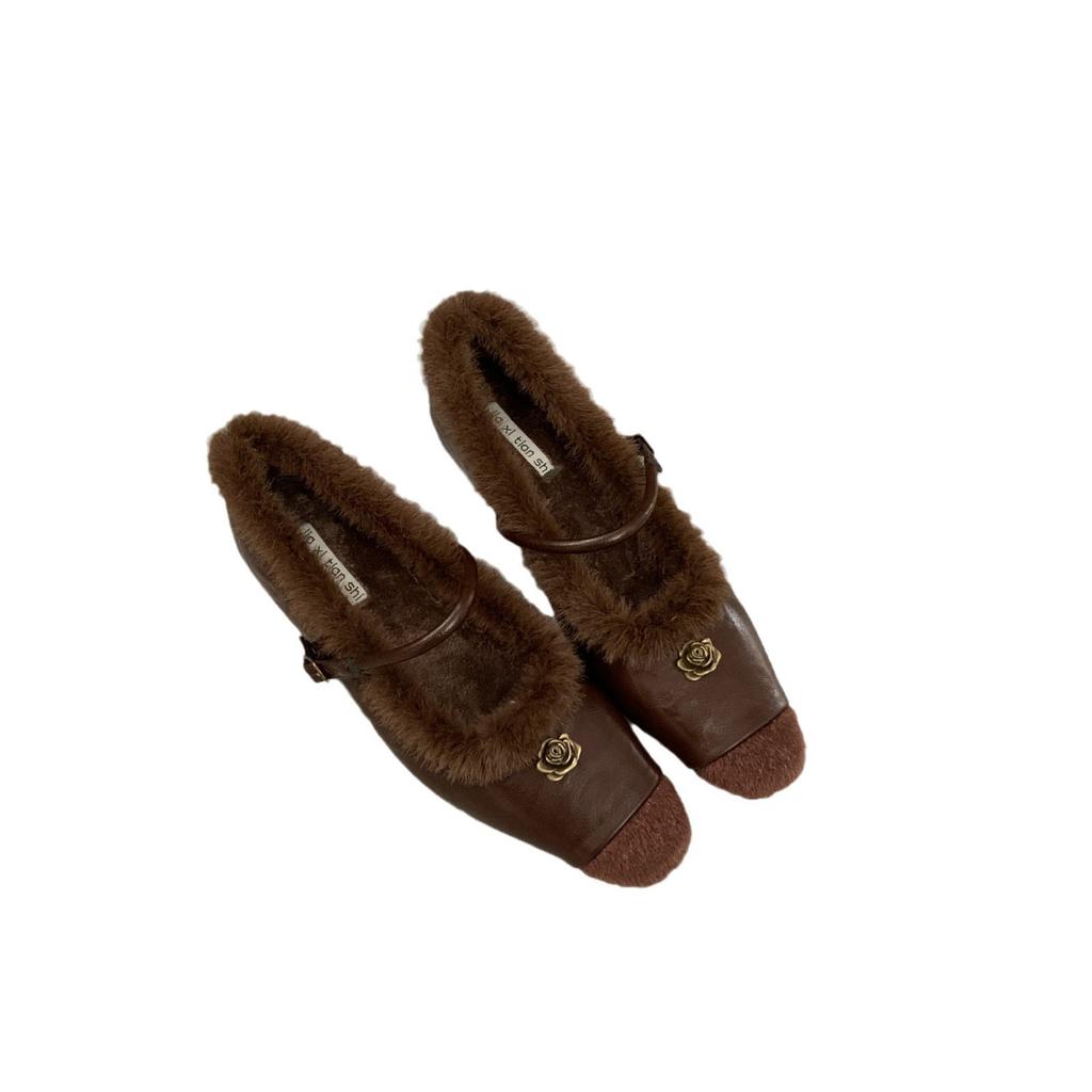 French low-heeled plush shoes Mary Jane single shoes women's shoes 2025 new autumn and winter warm cotton shoes evening