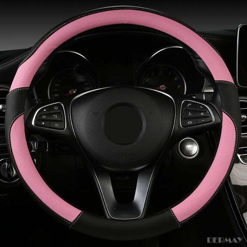 DERMAY  New Car Steering Wheel Cover PU Leather M Size Fit Standard Steering Wheel 37-38cm(14-15") Non-slip & Easy Install