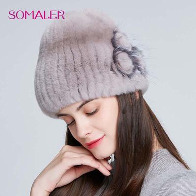 Winter Womens Fur Hat Genuine Rex Rabbit Knitted Caps with Silver Fox Fur Floral Cap