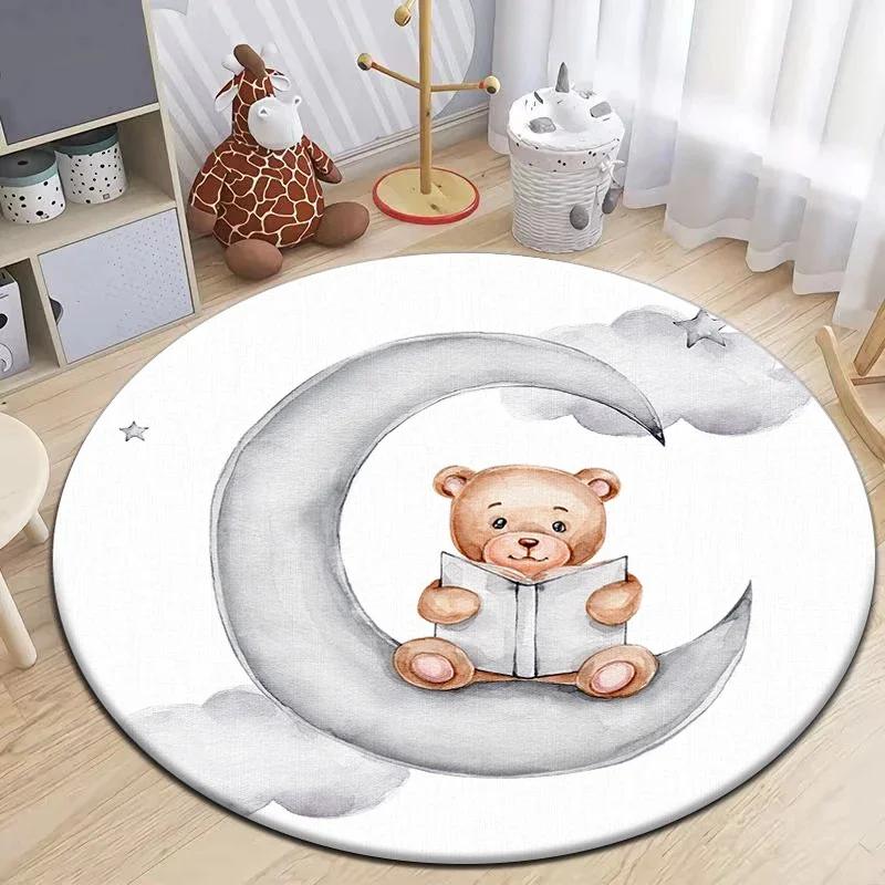 Cartoon Cute Little Bear Animals Round Carpet for Living Room Decor Kid's Bedroom Play Floor Mat Anti-Slip Camping Picnic Mats