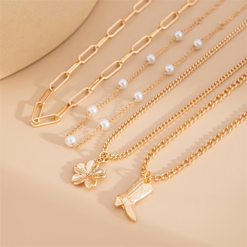 Adjustable Stackable Necklace with Boot Pendant and Simulated Pearls Clavicle Chain for Daily Wear Special Occasions