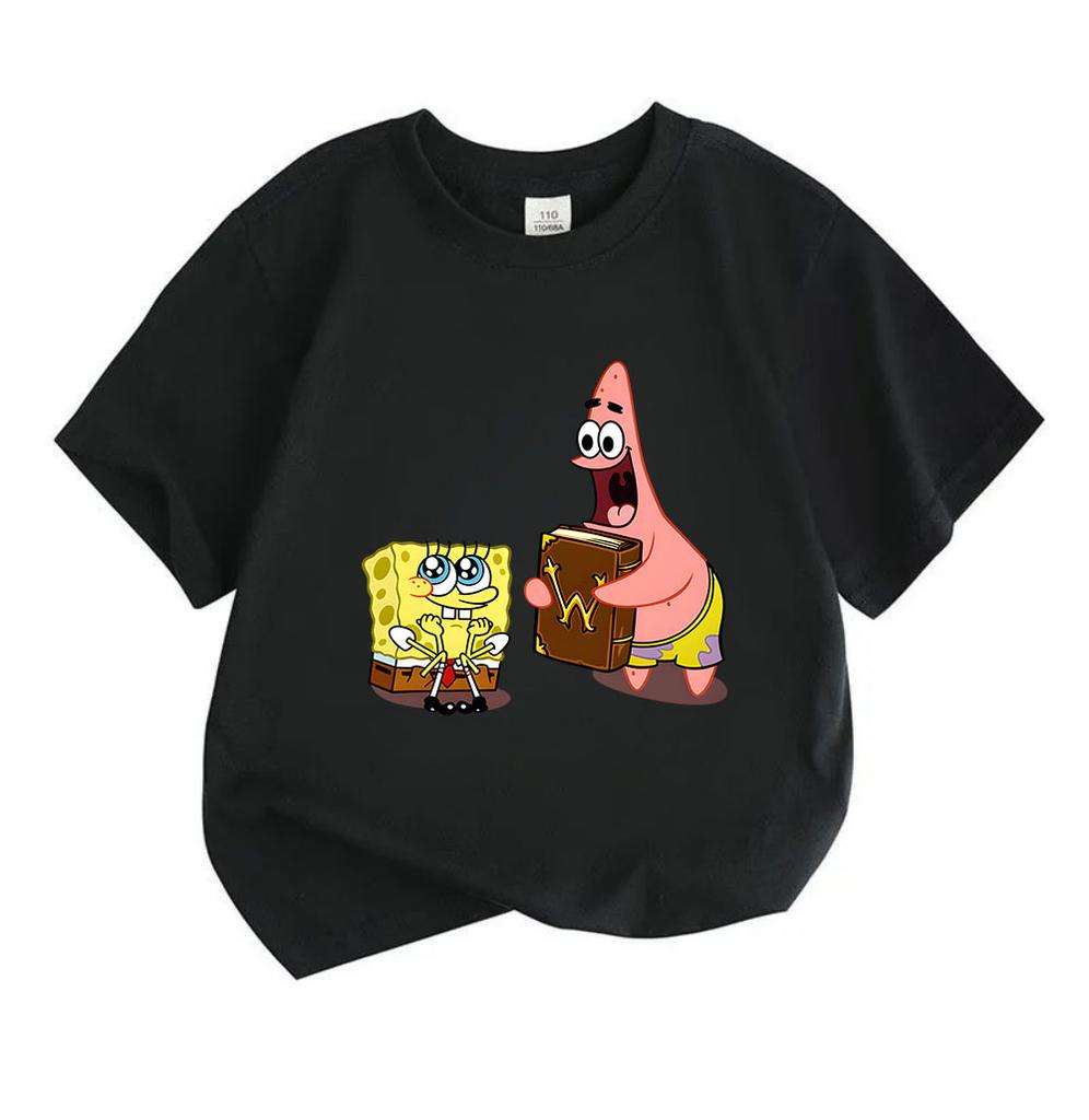 Kids Boys Girls 100% Cotton Crew Neck Short Sleeve T-Shirt, Cute Cartoon Sponge Star Character Print Casual Soft Breathable Tee for Children Daily Wea
