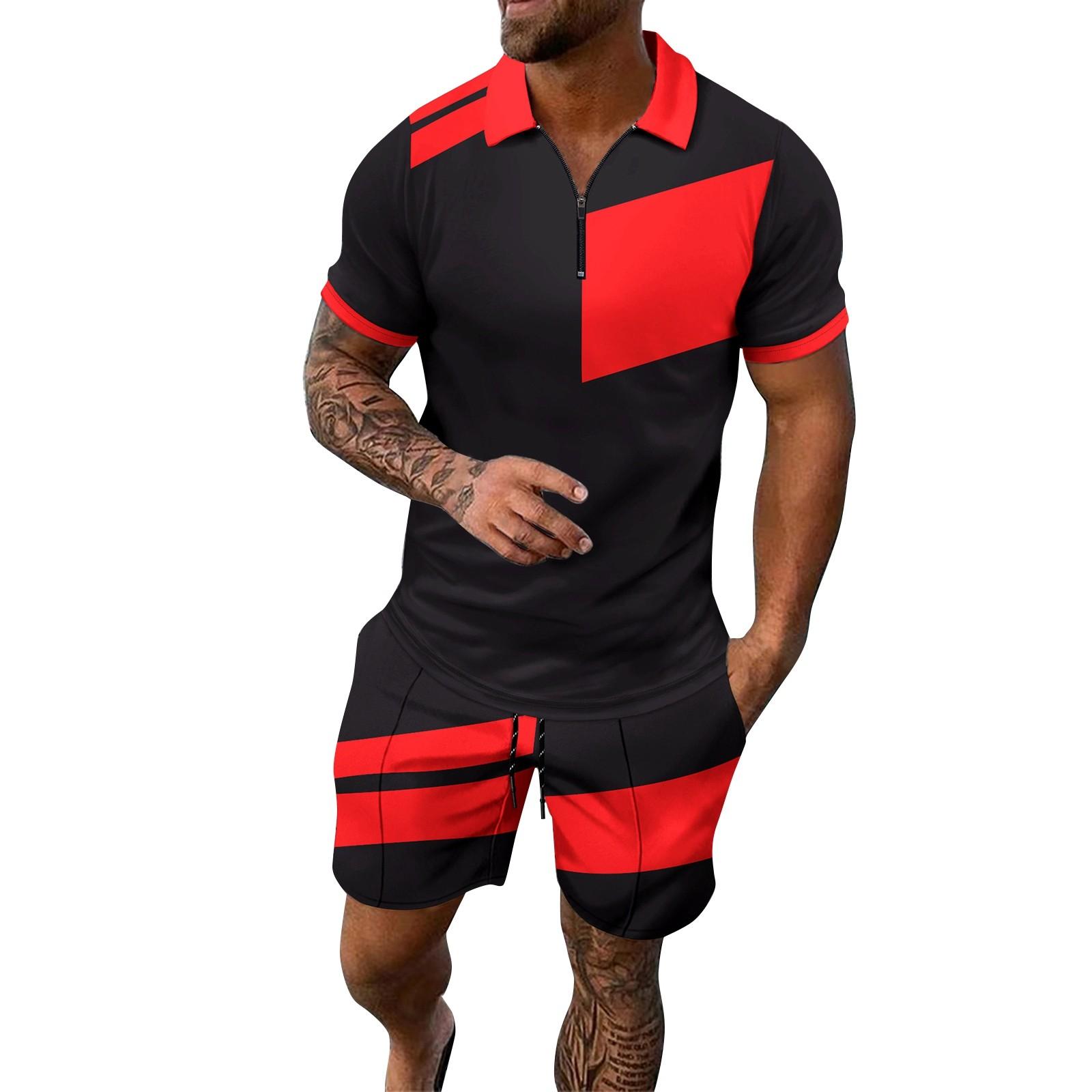 

Мужской весенний набивной костюм с коротким рукавом и застежкой-молнией и лацканами, повседневный спортивный костюм для мужчин XL красный