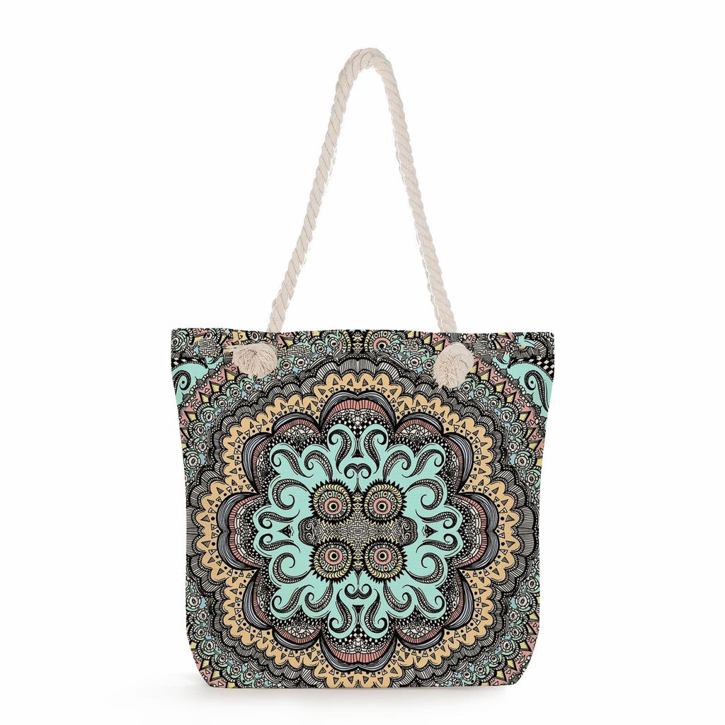 Multifunctional Flower Printed Thick Rope Shoulder Beach Bag Casual large capacity handbag 7612
