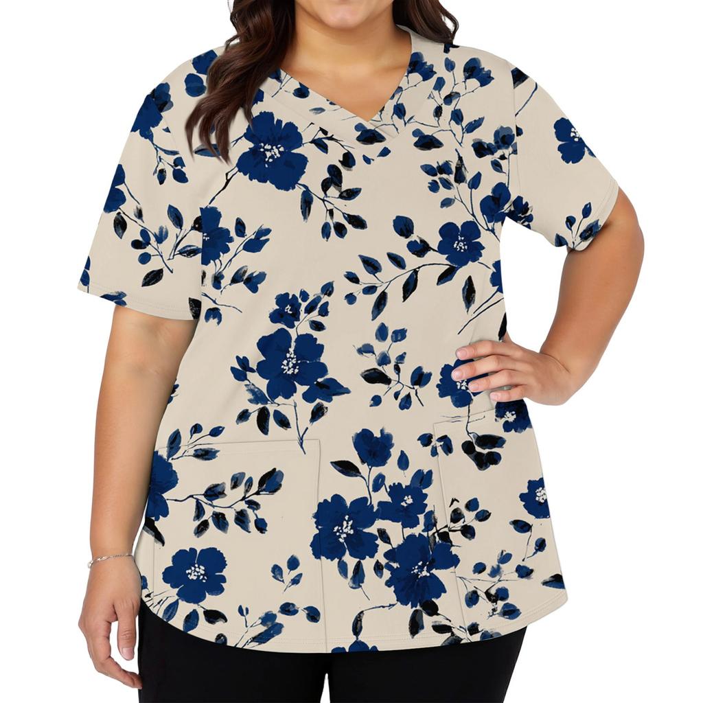 Women's Fashionable V-neck Short-Sleeved Work Top With Double Side Slits And Pockets, Featuring A Retro Floral Print.