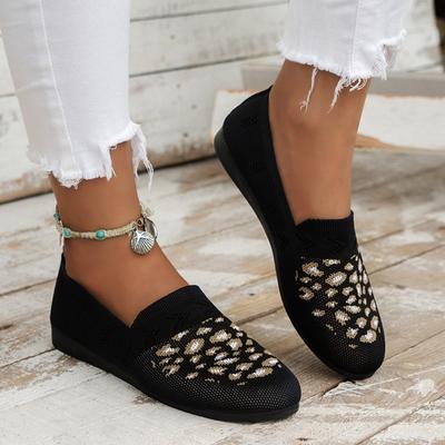New Leopard Prints Knitted Loafers Women Breathable Mesh Shallow Flats Shoes Woman Lightweight Casual Slip-On Walking Shoes
