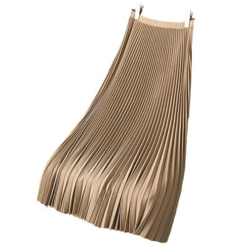 Women Vintage Midi Skirt Wide Elastic Waistband High Waist Pleated A-Line Skirt Solid Color Smooth Satin Long Skirt