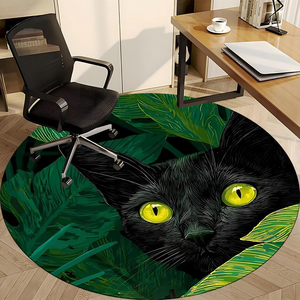 1PC Black Cat, Jungle Office Round Area Rug, Indoor Mat Suitable ForOffice, Under Office Chairs Bedroom Living Room Home Decor, Room Deco g089
