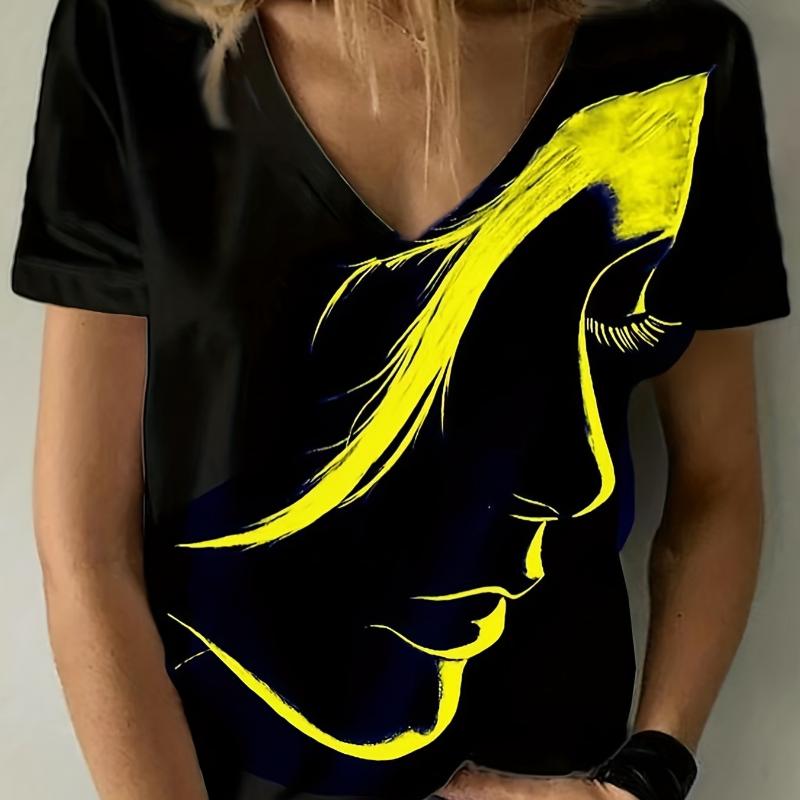 Figure Print V Neck T-Shirt, Casual Short Sleeve Top For Spring & Summer, Women's Clothing