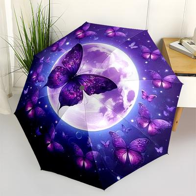 1pc Purple Moonlit Butterflies Umbrella with Plastic Handle,Suitable for All Seasons UmbrellaPT504