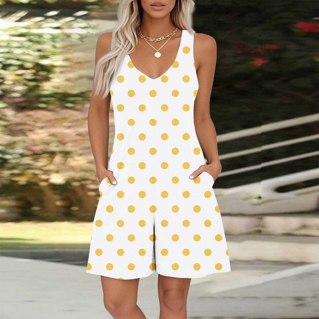 Ärmelloser Jumpsuit mit V-Ausschnitt und Print für Damen, Frühling und Sommer, lässige Jumpsuit-Shorts