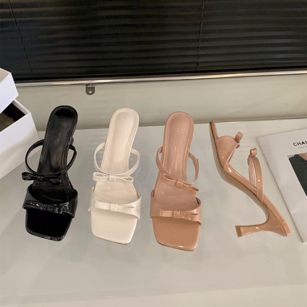 Black high heels bow slippers women's shoes wear 2025 new summer with skirt strappy sandals