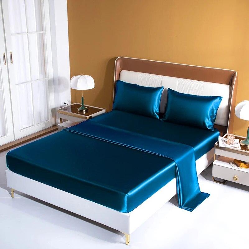 Luxury Satin Bed Sheet Set Rayon Fitted Sheet Height 35cm 21 Colors Optional  Flat Sheet Set Soild Color Bedding Set
