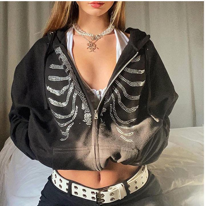 

Solid Color Rhinestone Zipper Hooded Loose Casual Hoodie Double Extra Large чёрный