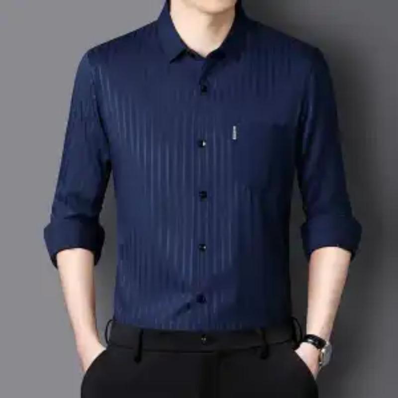 Autumn Men's Mulberry Silk Long-sleeved Shirt Casual Non-iron Breathable Anti-wrinkle Striped Middle-aged Shirt