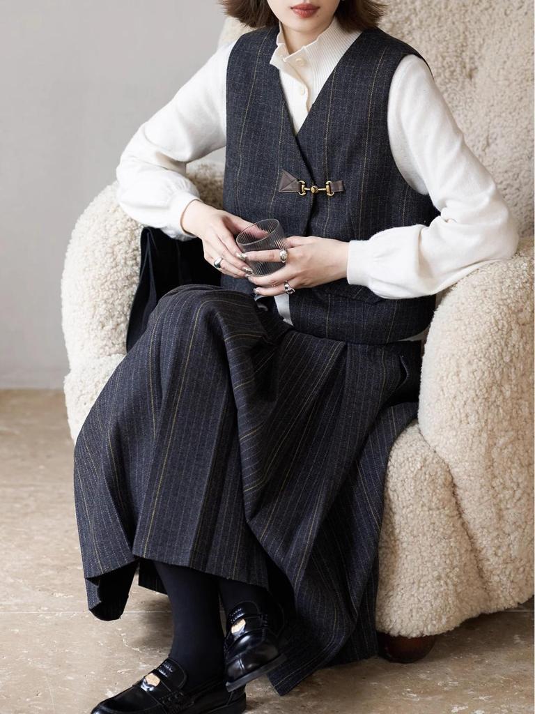 Ink Line Studio "Hogwarts" Retro Plaid Wool Suit & Vest Set with Pleated Skirt