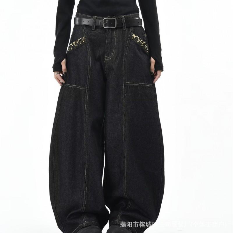 Mens Relaxed Fit Wide Leg Denim Pants With Cross Embroidery Gothic Vintage Style Straight Cut Jeans