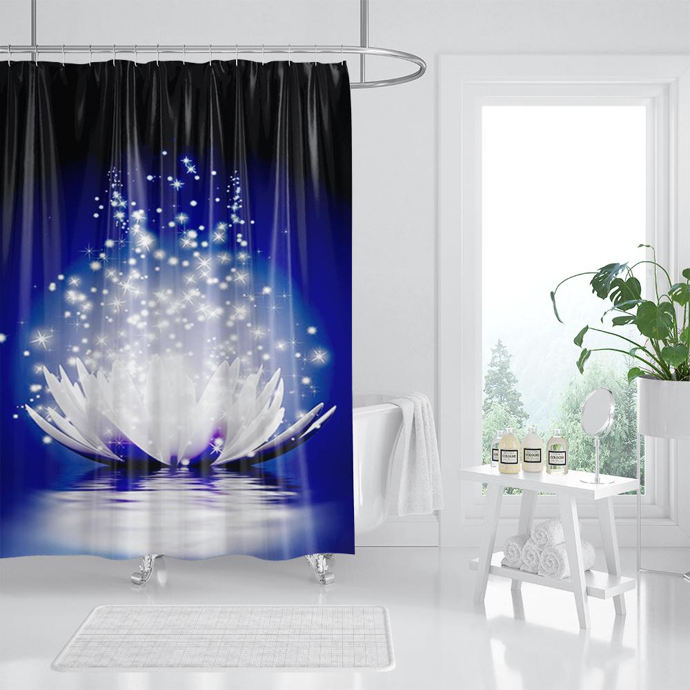 White Lotus Flower Shower Curtains for Zen Spa Bathroom Decor, Asian Floral Polyester Bath Curtain Set, Gift for Women and Girls