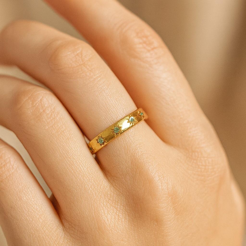 Star Elegant Emerald Wedding Band for Women – Yellow Gold Plated 925 Sterling Silver Ring | Minimalist Stacking, Engagement, Anniversary, Promise Gift