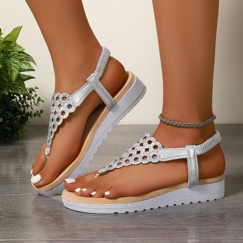 Sandals women's summer new rhinestone wedge sandals muffin thick-soled elastic herringbone sandals