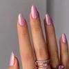 24Pcs French Green Short Almond Fake Nails With Wave Line Design Round Head Press On Nail Tips