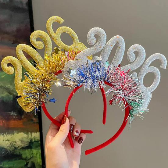 Hair Hoop 2026 Shiny Sequin Headband Elastic Festive Hairband with Plush Ribbons Colorful New Year Party Accessory
