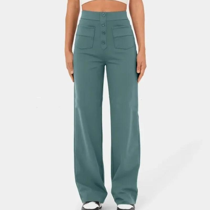 Pantaloni casual da donna alla moda a gamba dritta, pantaloni elasticizzati con bottoni a vita alta e tasche multiple
