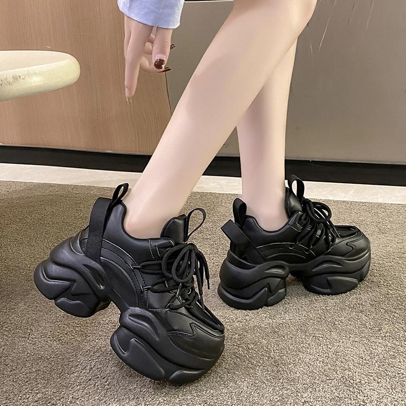 Black Women Chunky Leather Sneakers High Platform Ulzzang Sports Shoes New 2025 Autumn Thick Bottom Women's Wedge Casual Shoes