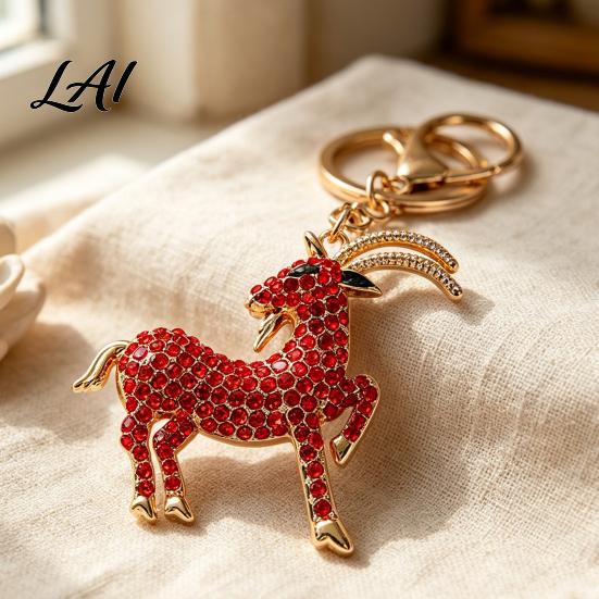 Sparkling Goat Keychain with Rhinestone Golden Plated Sheep Alloy Keyring Bling Animal Pendant for Backpack Handbag Charm Theme