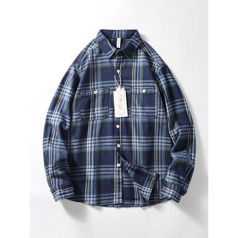 American Retro Cotton Brushed Classic Plaid Shirt Coat Men s Long Sleeve Export Men s Cotton Work Clothes Shirt Navy Blue M