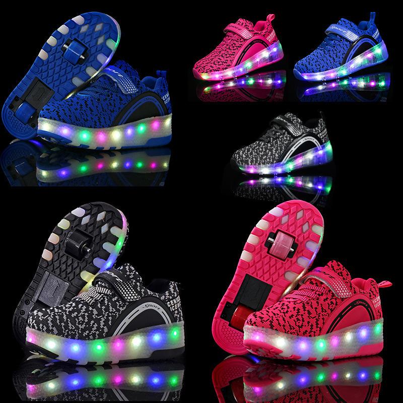New Boys Vibrating Luminous Shoes Girls Fashion Double Wheel Runaway Shoes Children's Shoes with Wheels 2025