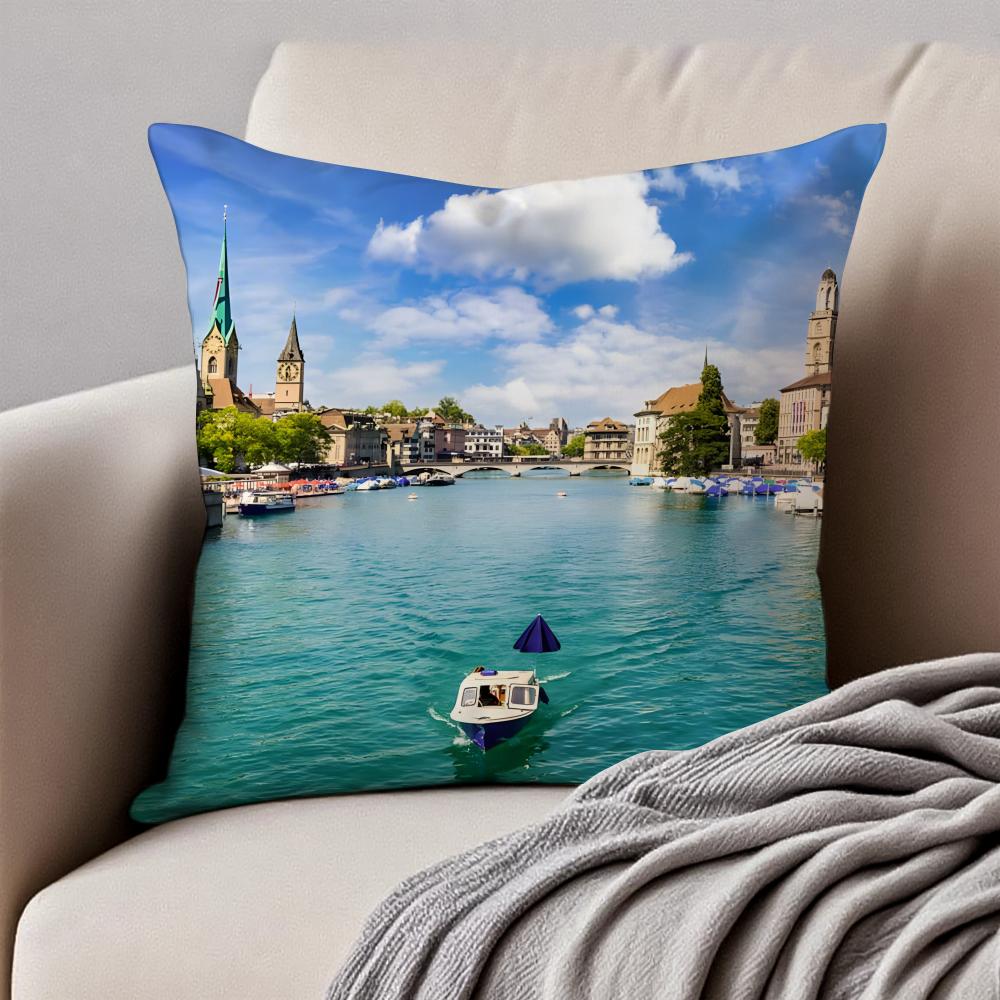 1PCS Classical LLake Zurich Cushion Cover Pillowcase Antidustmite Invisible Zipper Short Plush Sofa Cushion