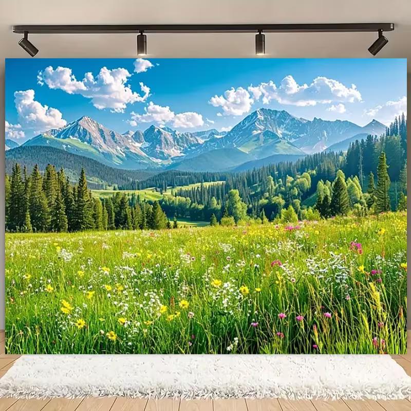 2D Mountain Forest Meadow Backdrop Spring Nature Party Photo Booth Background