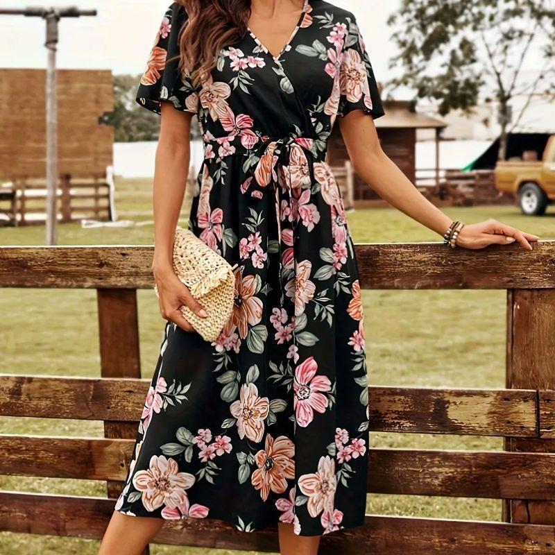 

Women s High Waisted V-neck Floral Dress High Waist V-neck Florals Dress Female Mixed Color XL