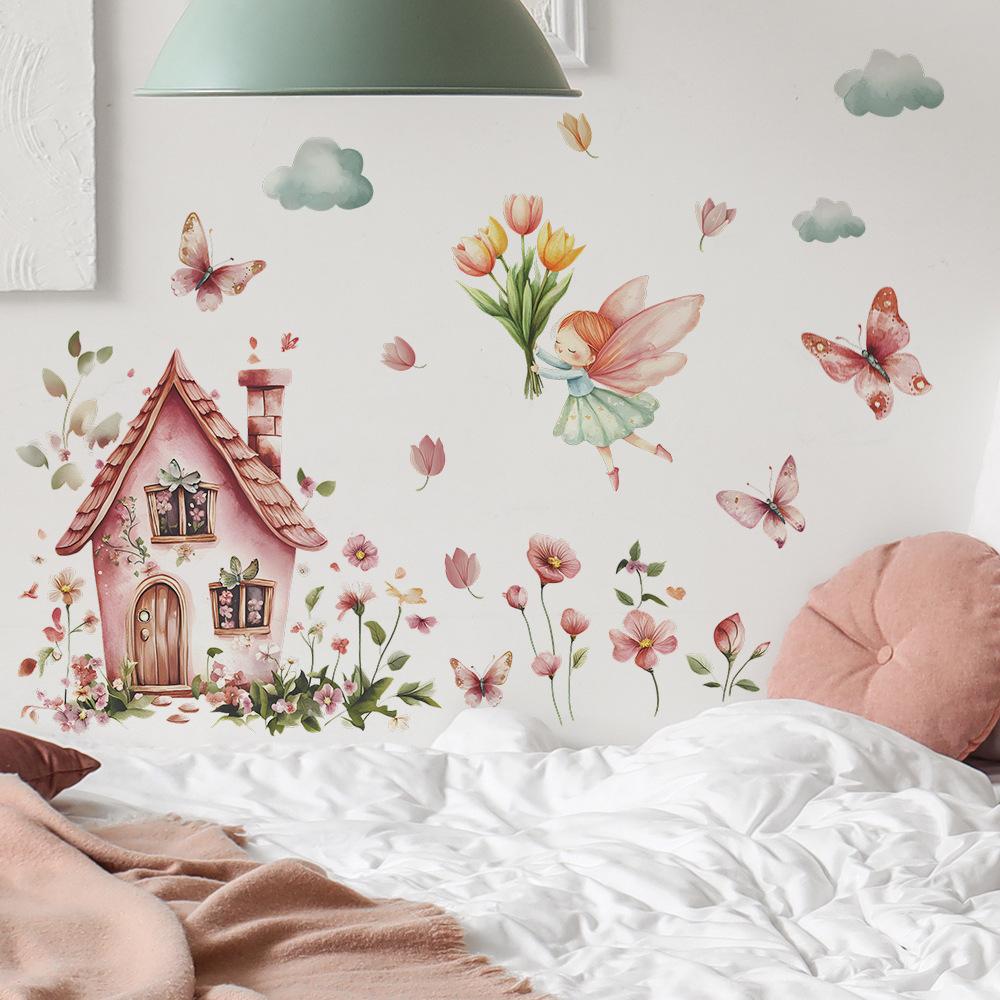 Fairy Tale Cartoon House with Flowers Wall Sticker Dreamy Self-Adhesive Decor for Kids Bedroom Living Room Nursery Wall Art