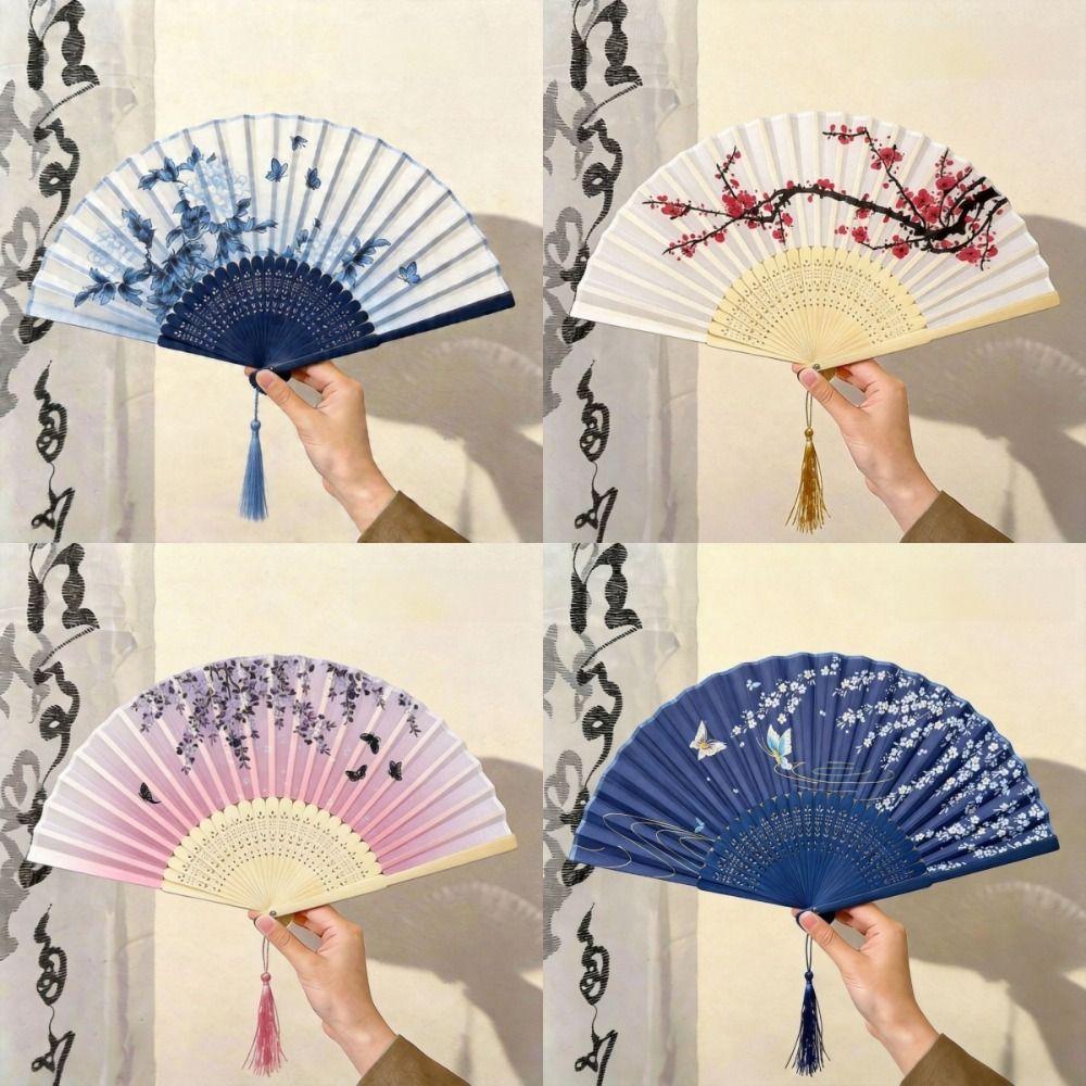Faux Silk Material Wood Folding Fan Bamboo Frame Handheld Fan New Flower Bird Fan For Women
