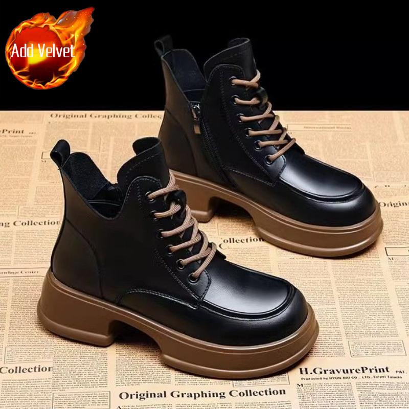 Round Toe Platform Lace-up Booties Leather Fleece-Lined Ankle Boots for Women Autumn Winter Trend 2025 Goth Woman Short Shoes